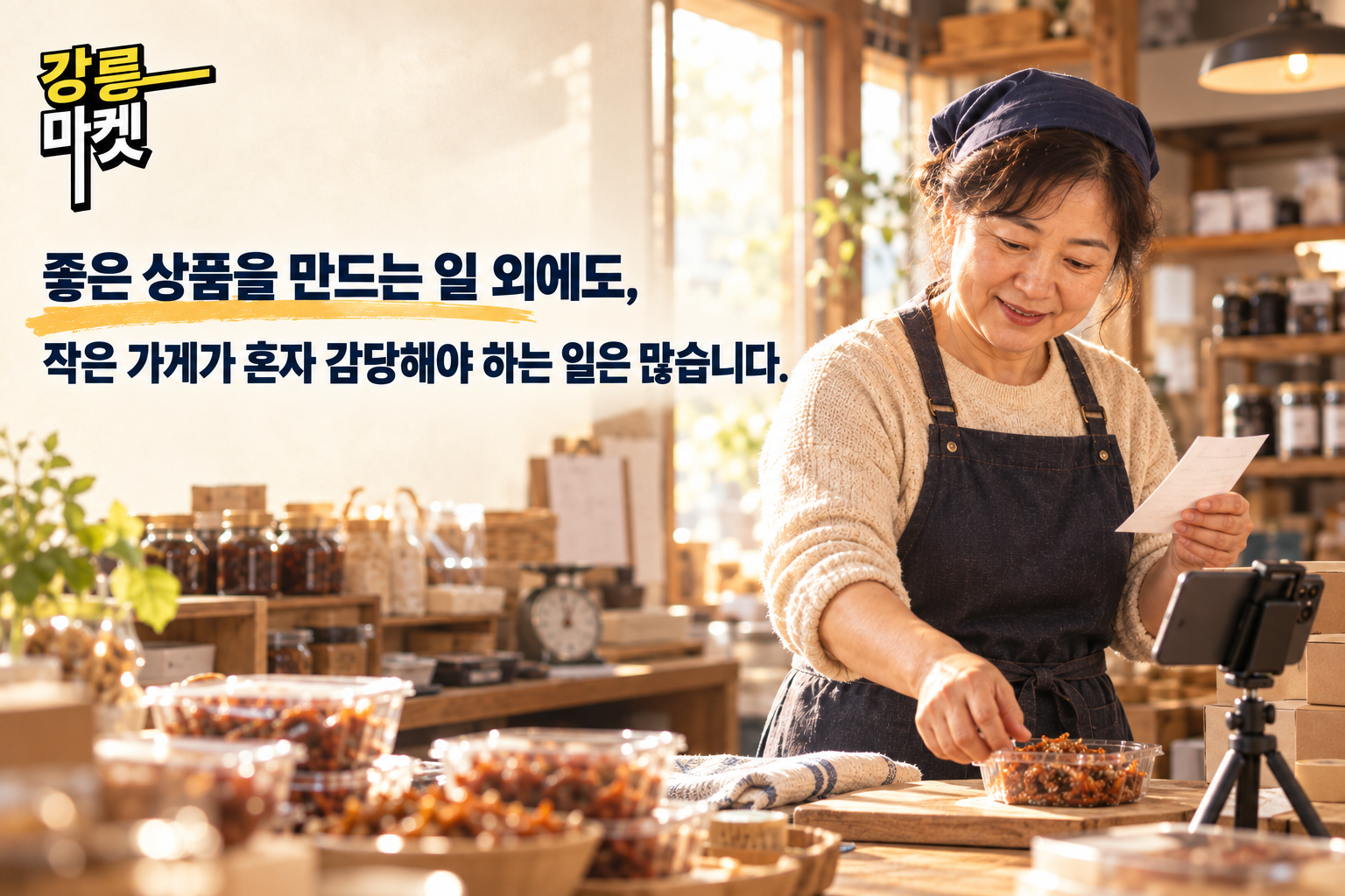 상품 준비와 주문 및 홍보 업무를 함께 챙기는 작은 가게 사장님