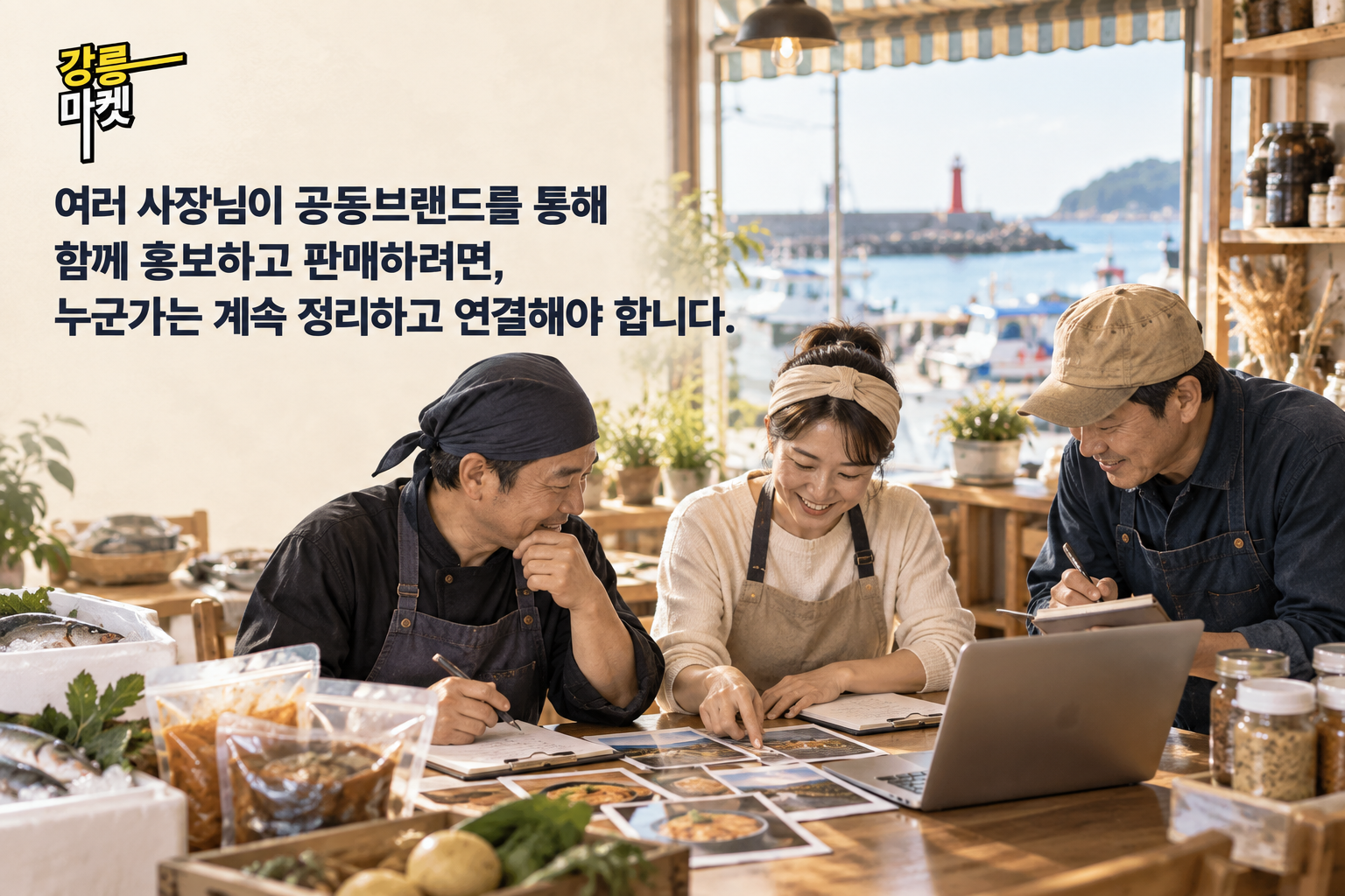 공동브랜드의 홍보와 판매를 준비하며 자료와 일정을 조율하는 강릉 소상공인들