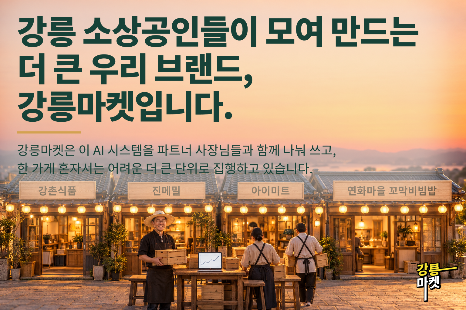 강릉 소상공인들이 모여 만드는 더 큰 우리 브랜드, 강릉마켓입니다. 강촌식품, 진메밀, 아이미트, 연화마을 꼬막비빔밥.