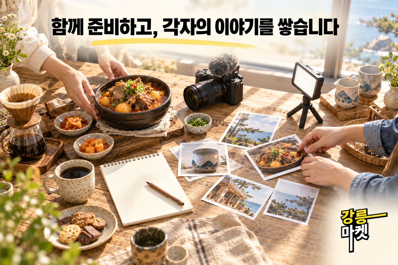 상품과 사진을 함께 정리하며 공동 촬영을 준비하는 모습