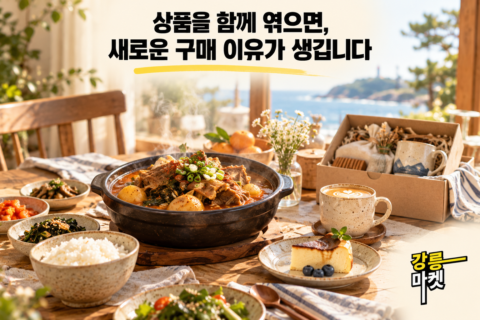 감자탕과 반찬·커피·디저트·공방 선물을 함께 구성한 식탁