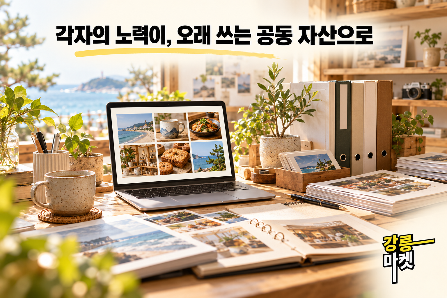 가게 사진과 상품 자료가 노트북·앨범·바인더에 모인 작업 공간