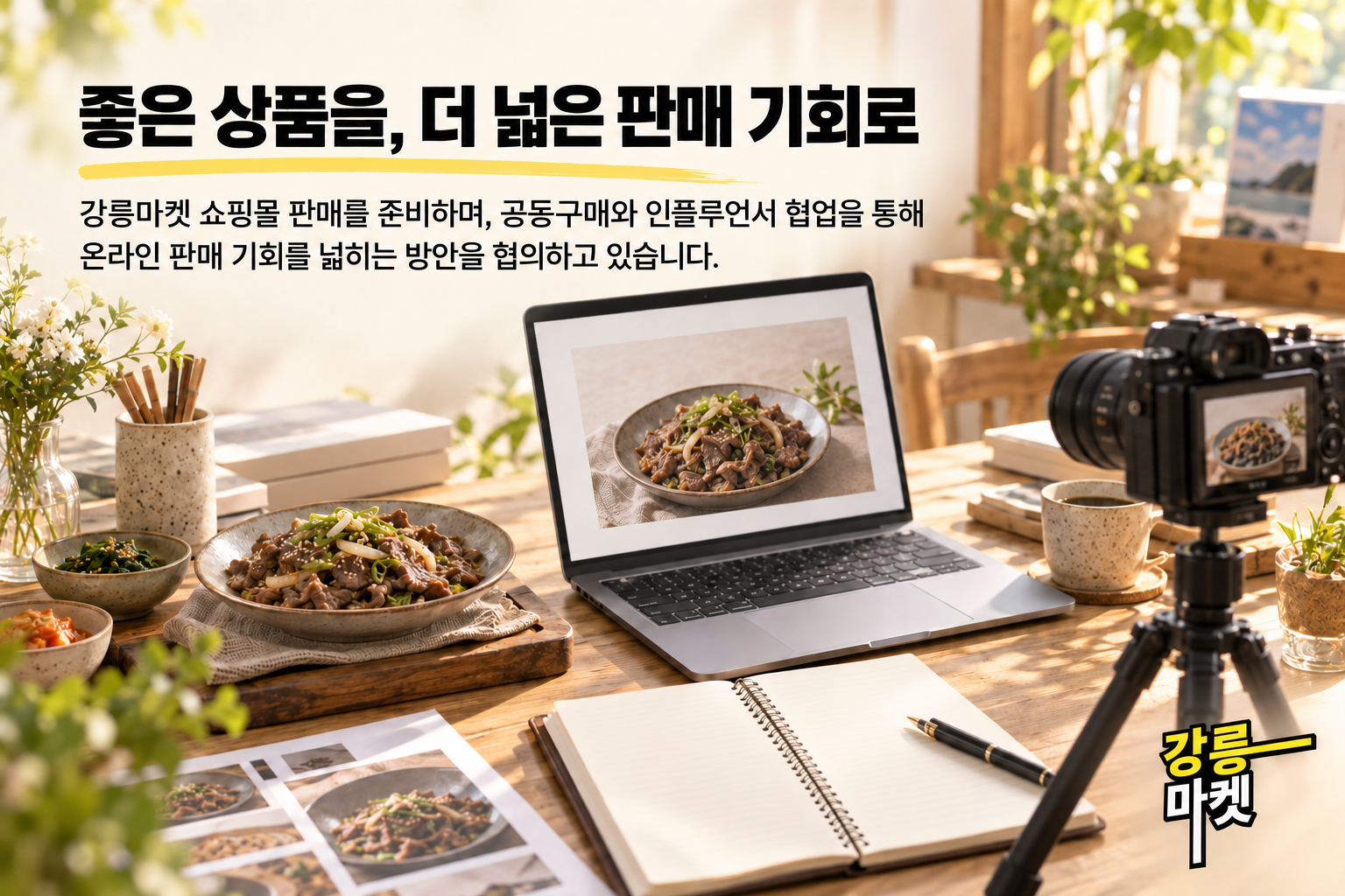 상품과 촬영 장비·노트북으로 온라인 판매 준비를 표현한 구상 이미지