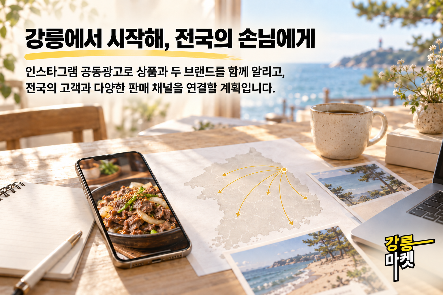 음식 사진이 있는 휴대전화와 한국 지도로 전국 홍보 계획을 표현한 구상 이미지