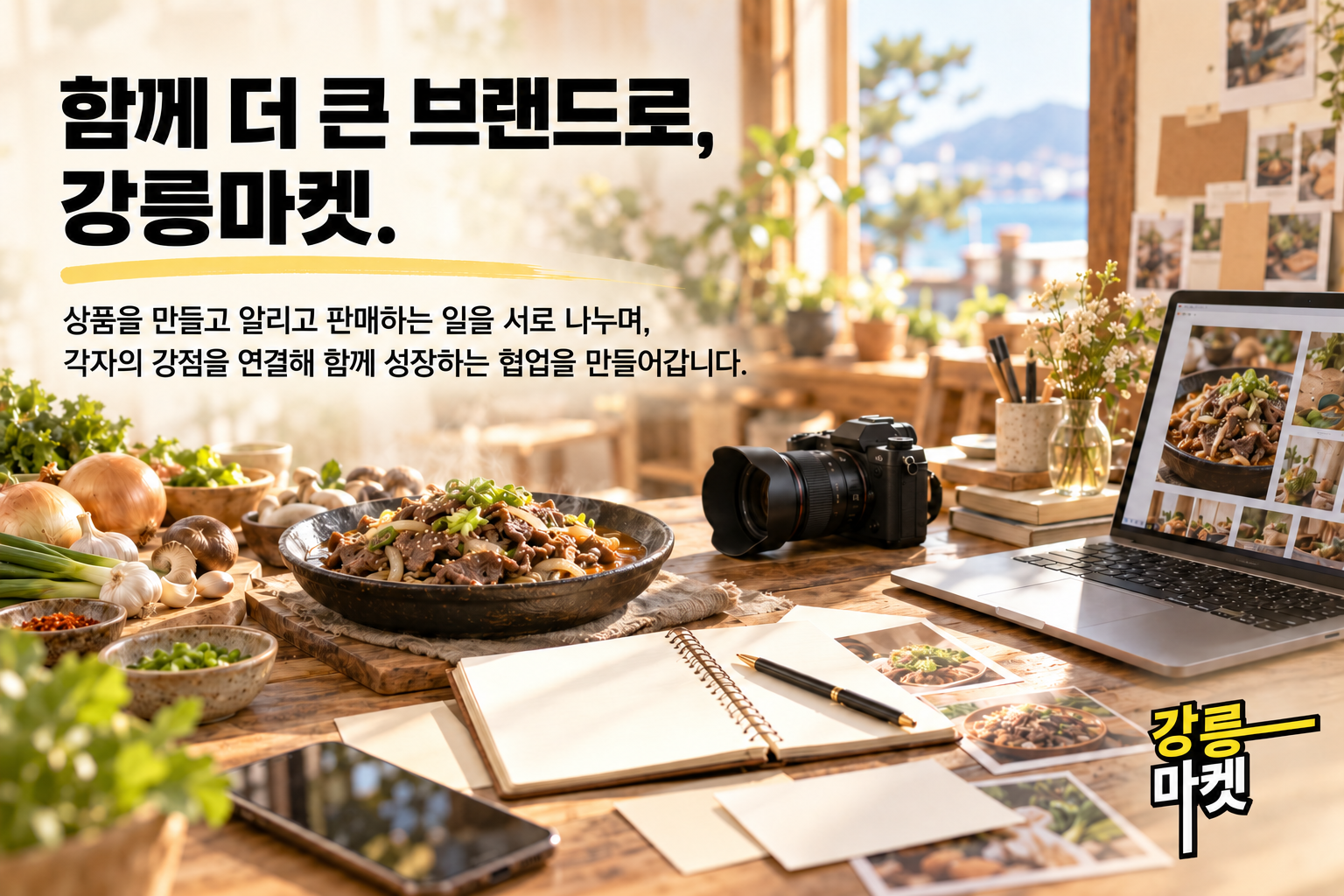 음식·식재료·촬영 장비·사진 자료로 역할을 나누는 협업을 표현한 구상 이미지