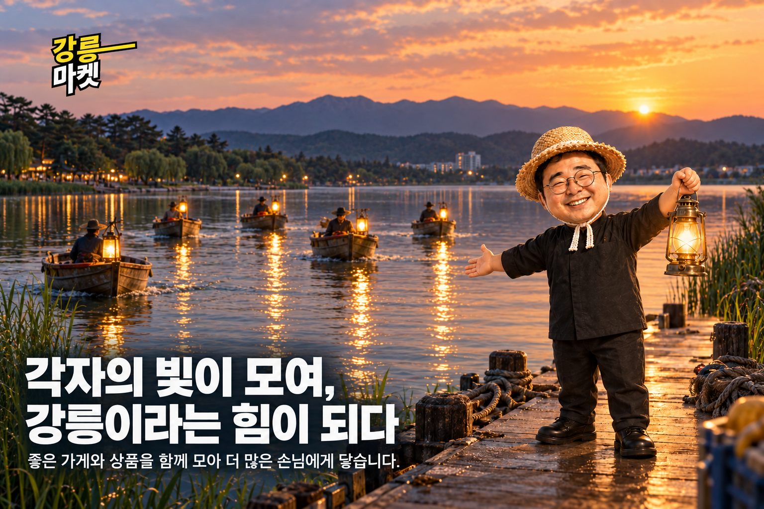 호숫가에서 등불을 든 감자탕 김사장과 함께 모이는 강릉의 가게들
