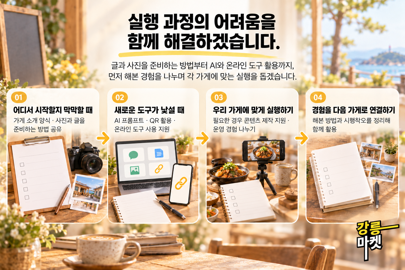 자료 준비와 도구 활용, 실행과 경험 공유를 설명하는 네 단계 인포그래픽