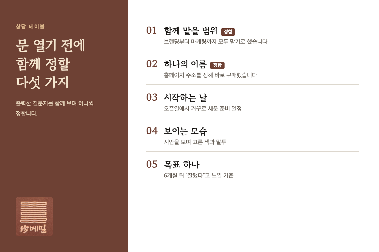 문 열기 전에 함께 정할 다섯 가지: 함께 맡을 범위, 하나의 이름, 시작하는 날, 보이는 모습, 목표 하나.